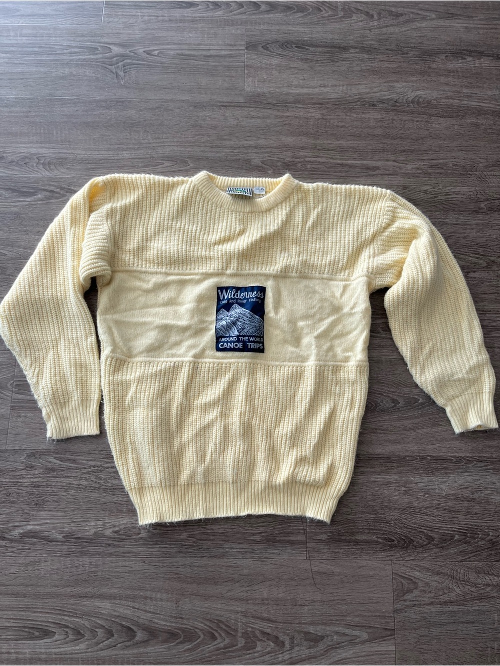 Vintage Giordano Knit Sweater Mens 95 Medium Cream Canoe Trips Patch Y2K 90s